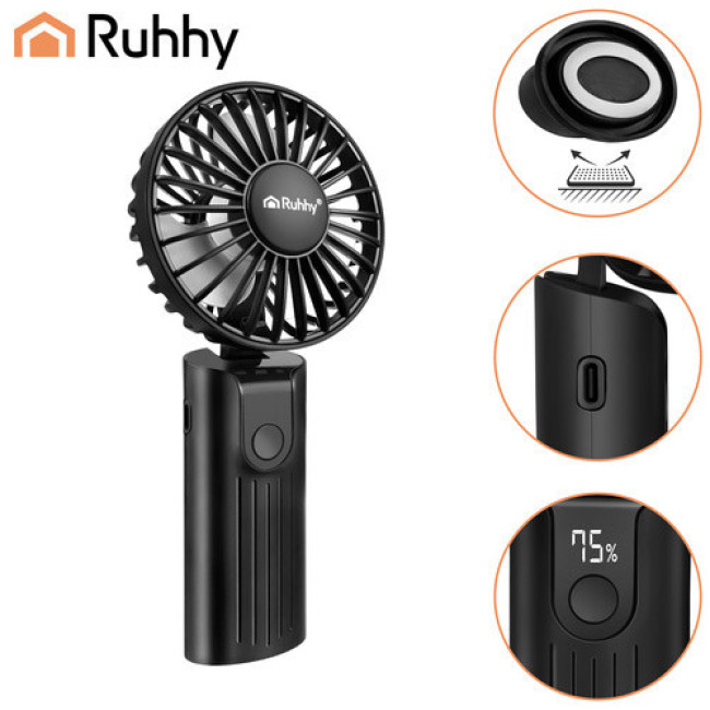 Міні-вентилятор Ruhhy 27781 - портативний, USB-C, 2400 мАч, 4 швидкості, чорний
