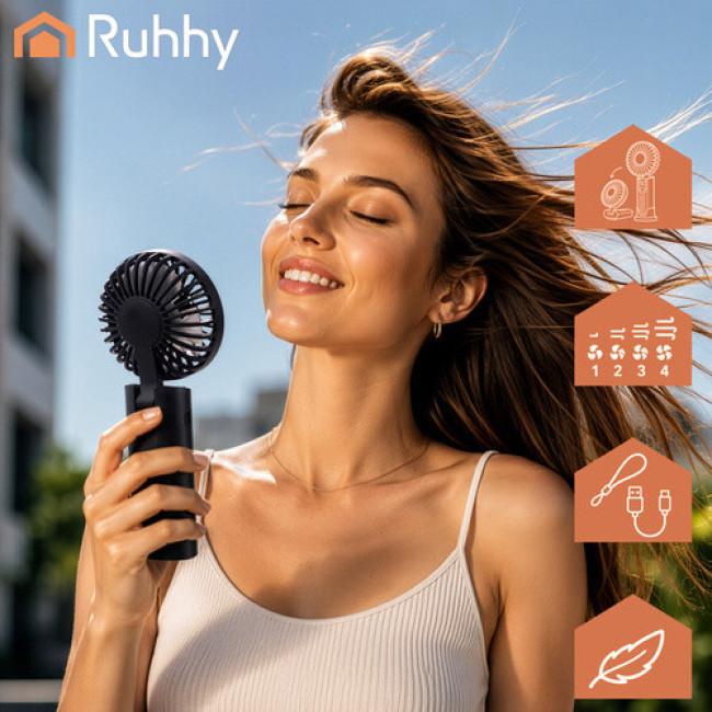 Міні-вентилятор Ruhhy 27781 - портативний, USB-C, 2400 мАч, 4 швидкості, чорний