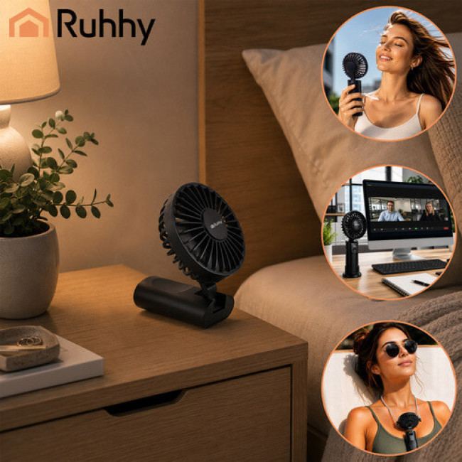 Міні-вентилятор Ruhhy 27781 - портативний, USB-C, 2400 мАч, 4 швидкості, чорний