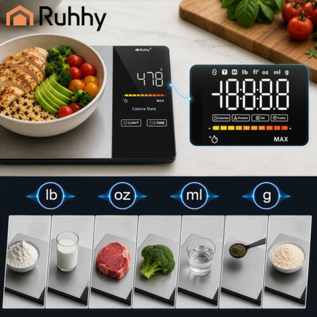 Кухонні ваги Ruhhy 24632 Bluetooth, до 5 кг, LED-дисплей, аналіз харчування