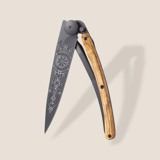 Ніж складной з тату DEEJO 37G Olive Wood / Viking Vegvisir