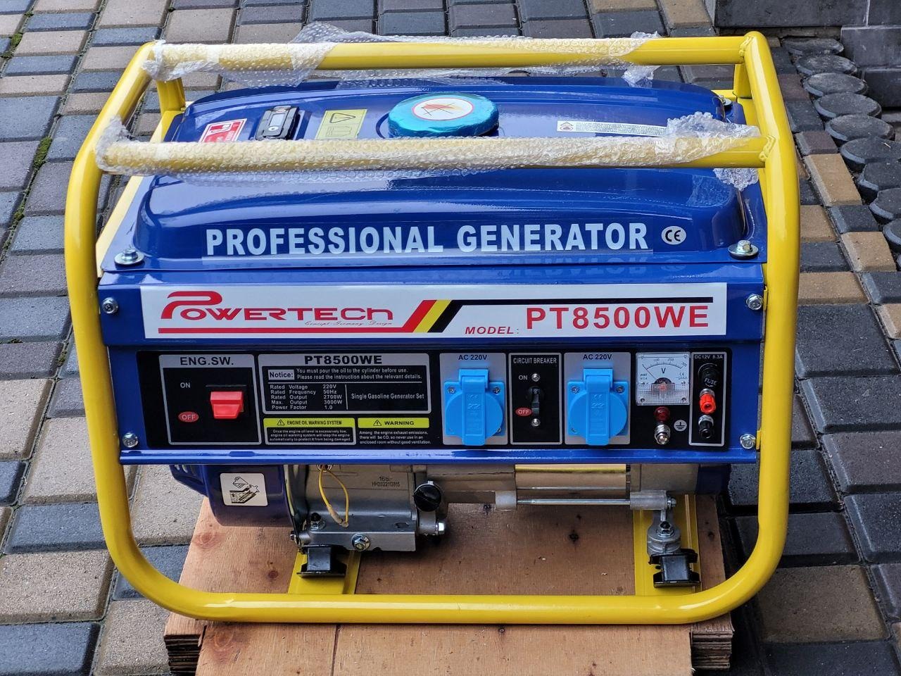 Генератор бензиновий однофазний 3 Квт Powertech PT8500WE