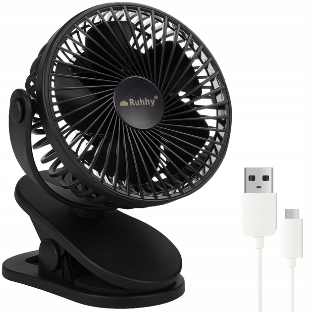 Аккумуляторный настольный вентилятор с зажимом Ruhhy 3в1 1200 мАч USB-C 18 x 16 x 13 см Черный (25567)